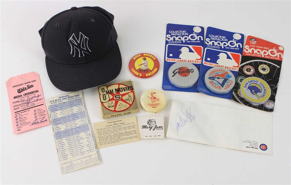 1930s-2000s Baseball Memorabilia Collection - Lot of 11 w/ MOC Bike Reflectors, Carlton Fisk Signed Ticket Brochure & More