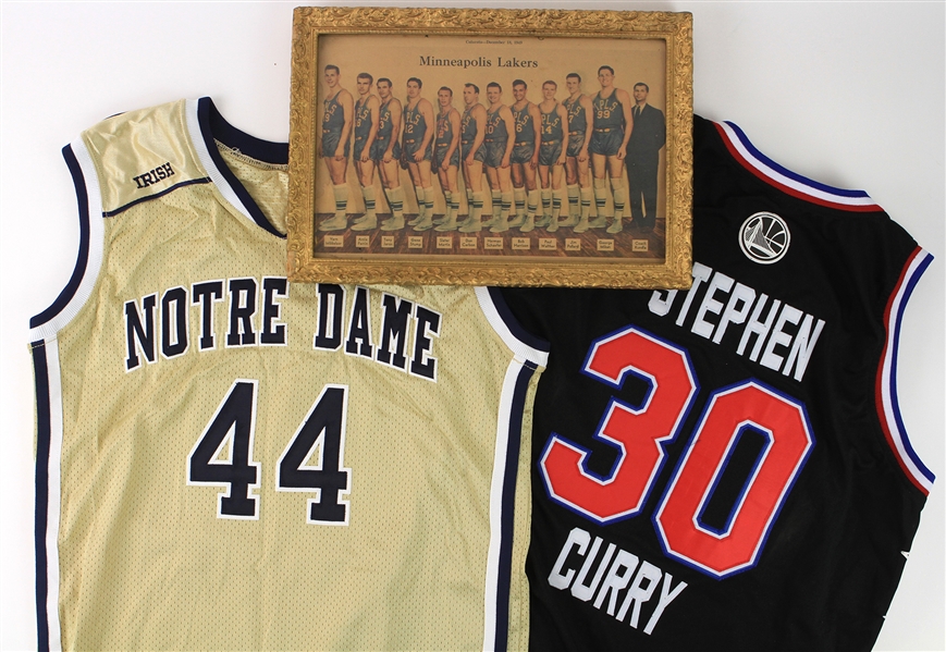 1949-2015 Basketball Memorabilia Collection - Lot of 3 w/ 11" x 16" Framed 1949 Minneapolis Lakers Team Photo, Steph Curry All Star Jersey & More