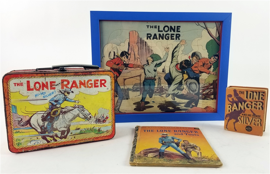 1930s-60s Lone Ranger Memorabilia - Lot of 4 w/ Big Little Book, Lunchbox, Framed Puzzle & More