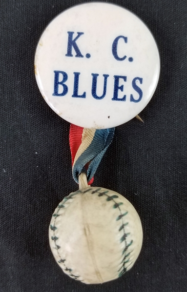 1940s-50s Kansas City Blues 1.25" Pinback Button w/ Baseball Charm Ribbon