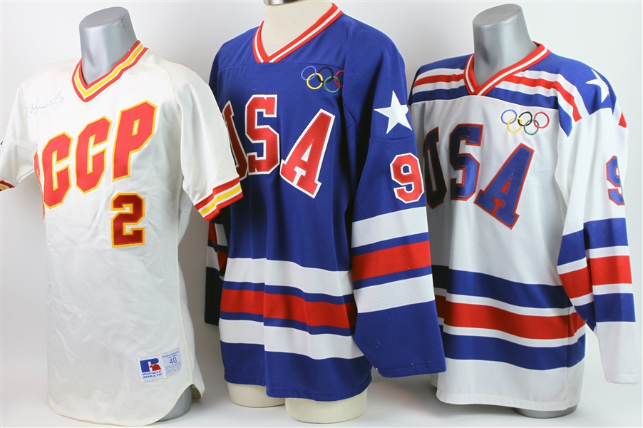 1980s-90s Neal Broten USA Hockey Olympic Jerseys & Signed CCCP Russian Baseball Jersey - Lot of 3