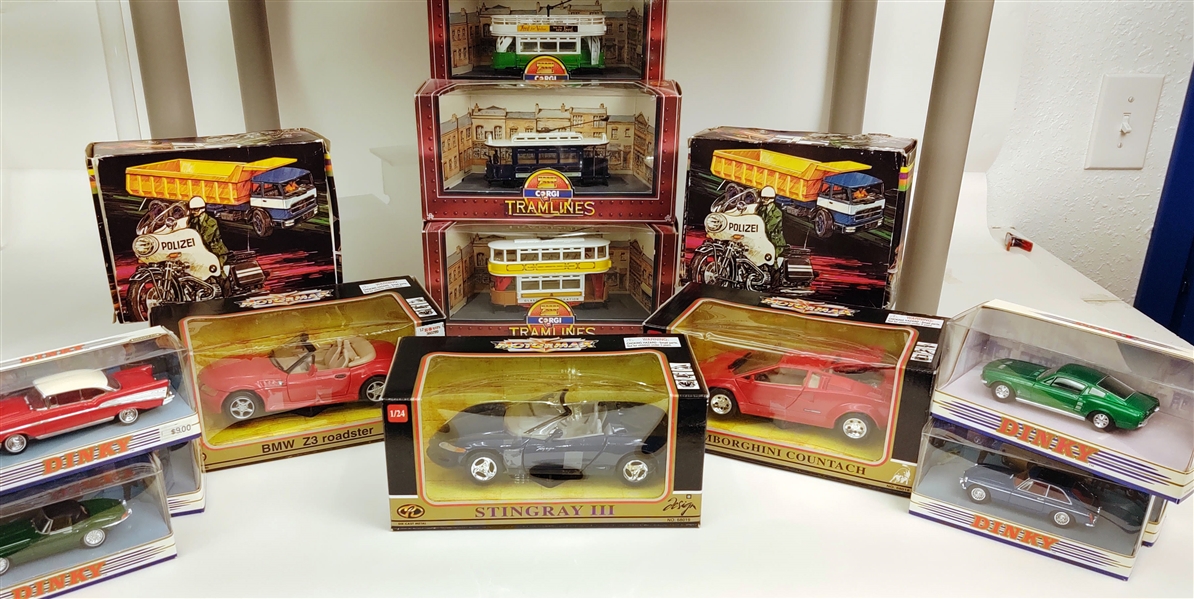 Corgi, Motormax, & Dinky Toy Cars & Tramlines (Lot of 13)