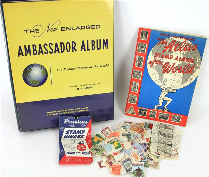 1960s Stamp Collecting Collection - Lot of 100+ w/ Loose Stamps, Albums & Hinges