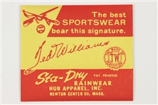 1960s Ted Williams Boston Red Sox StaDry Rainwear Apparel Tag
