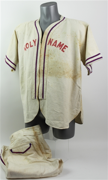 1950s Holy Name Falls City Natl Bank Game Worn Flannel Baseball Uniform (MEARS LOA)