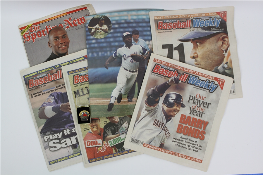 1970s-2000s Baseball Memorabilia Collection - Lot of 7 w/ Hank Aaron, Barry Bonds, 1991 All Star Game Pin & More