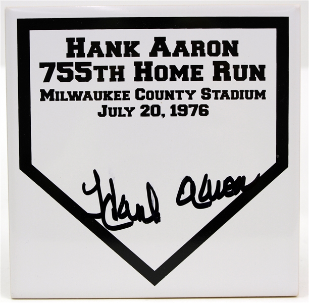 1976 Hank Aaron Milwaukee Braves 755th Home Run Signed 6" x 6" Ceramic Home Plate (JSA)