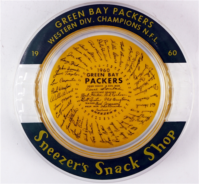 1960 Green Bay Packers Western Division Champions 5.5" Sneezers Snack Shop Glass Ashtray w/ Facsimile Signatures