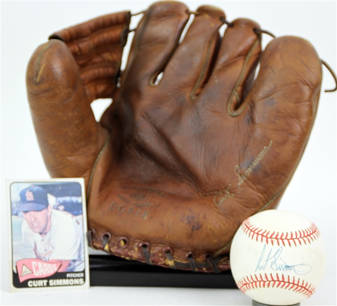 1960s-90s Curt Simmons St. Louis Cardinals Store Model Draper Maynard Mitt & Signed ONL White Baseball (JSA)