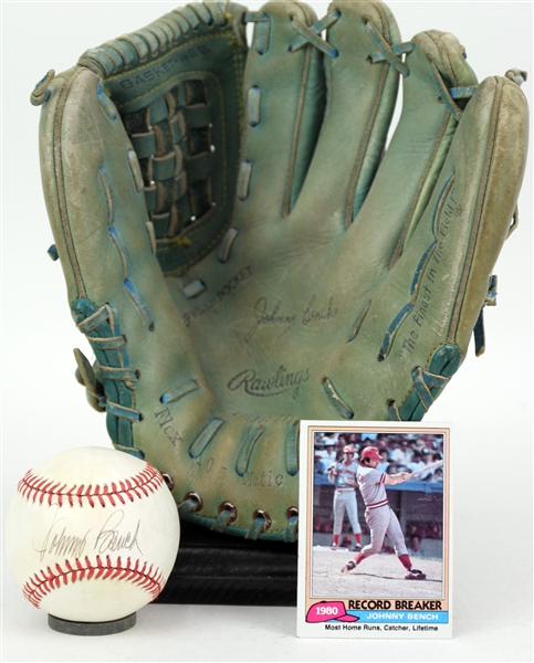 1980s Johnny Bench Cincinnati Reds Store Model Rawlings Mitt & Signed OAL Brown Baseball (JSA)