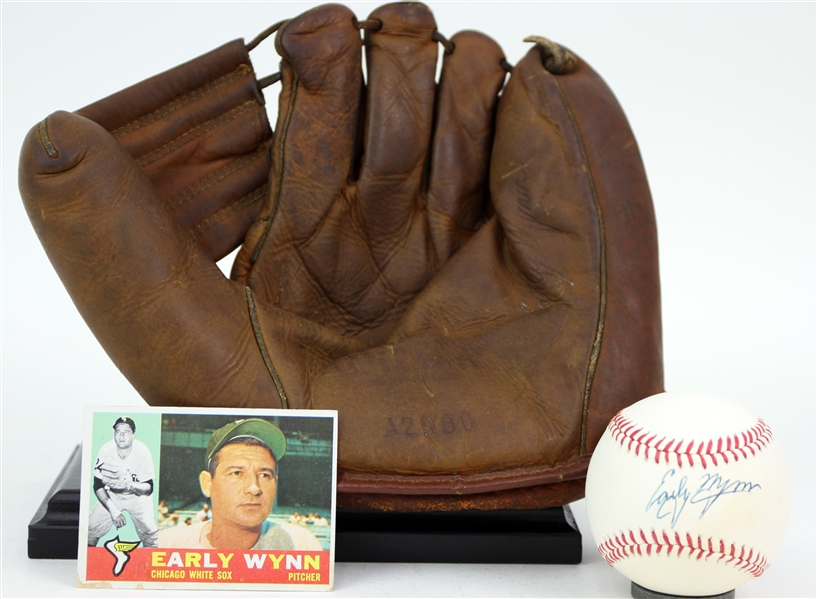 1960s-90s Early Wynn Chicago White Sox Store Model Wilson Mitt & Signed OAL Brown Baseball (JSA)