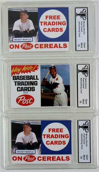1990s Mickey Mantle Hank Aaron Slabbed Post Cereal Trading Cards - Lot of 3