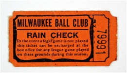 1940s Milwaukee Brewers Borchert Field American Association Rain Check Ticket Stub