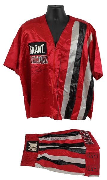 1995 (December 11) Mark "Too Sharp" Johnson Signed Flyweight Title Bout Worn Trunks & Robe (MEARS LOA/JSA)