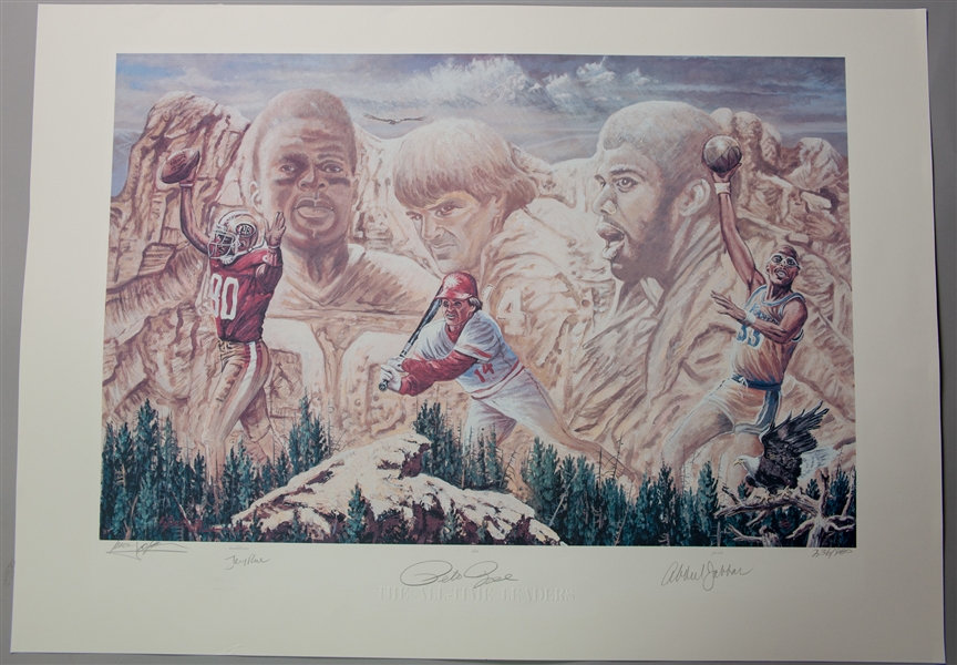 1994 Jerry Rice Pete Rose & Kareem Abdul-Jabar Signed "All-Time Leaders" Lithograph (JSA)