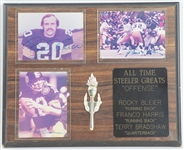 1968-1983 Terry Bradshaw / Franco Harris / Rocky Bleier Pittsburgh Steelers "All Time Greats" Signed Photos w/ 10x13 Plaque (JSA)