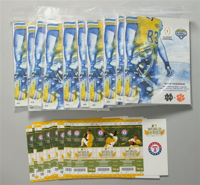 2011-2018 Texas Rangers World Series Tickets & Notre Dame vs Clemson Cotton Bowl Programs (Lot of 20) 