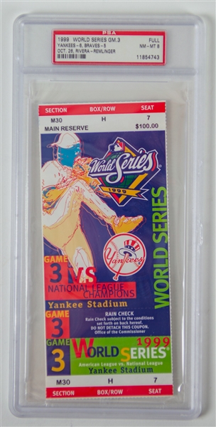 1999 New York Yankees vs Atlanta Braves Game 3 World Series Full Ticket (PSA Slabbed NM-MT 8)