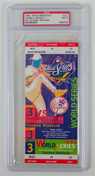1999 New York Yankees vs Atlanta Braves Game 3 World Series Full Ticket (PSA Slabbed Mint 9)