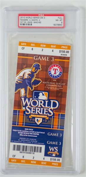 2010 Texas Rangers vs San Francisco Giants Game 3 World Series Full Ticket (PSA Slabbed NM-MT 8)