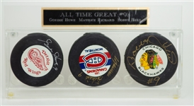 1942-1980 Gordie Howe, Maurice Richard, Bobby Hull "All Time Great #9s" Signed Hockey Pucks (JSA)