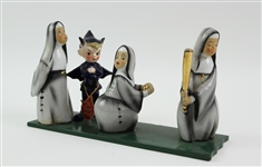 1950s Three Nuns & The Devil Himself Ceramic Baseball Figure Scene
