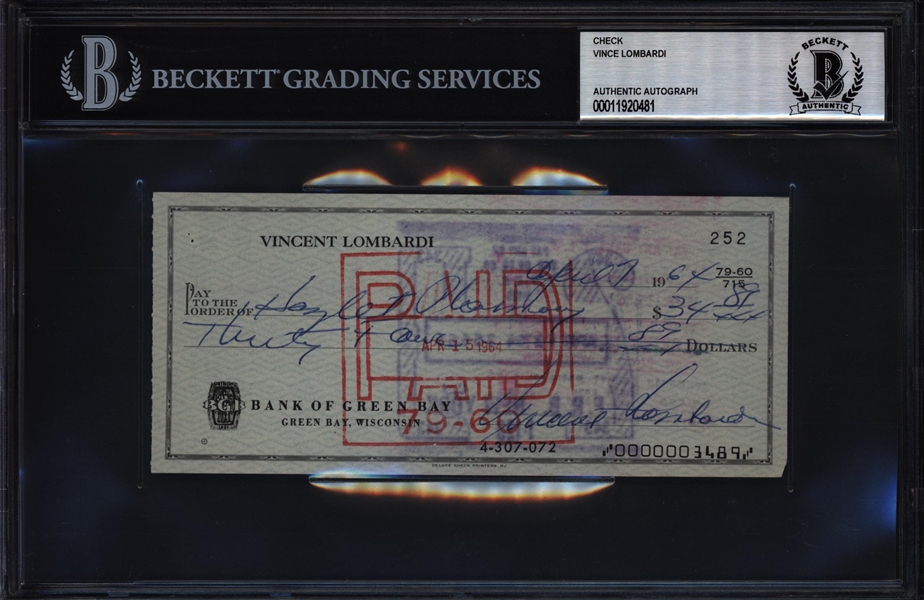 1964 Vince Lombardi Green Bay Packers Signed Check (Beckett Authentic)