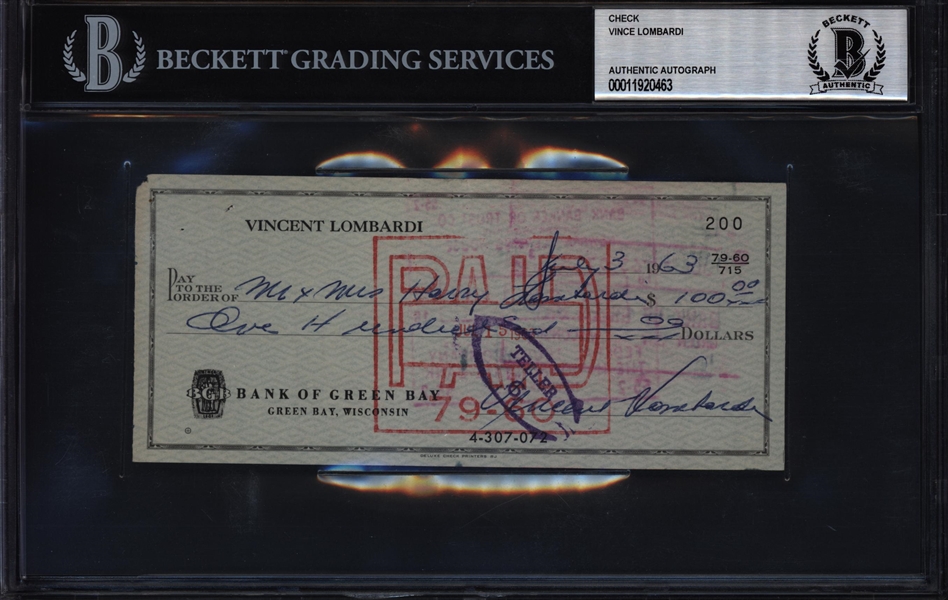 1963 Vince Lombardi Green Bay Packers Signed Check (Beckett Authentic)