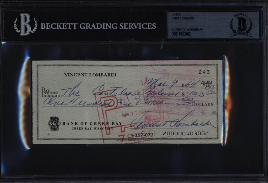 1964 Vince Lombardi Green Bay Packers Signed Check (Beckett Authentic)