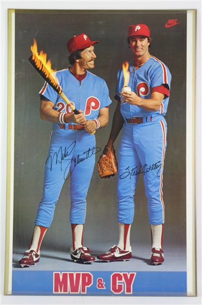 1980s Mike Schmidt & Steve Carlton Philadelphia Phillies Signed "MVP & CY" Nike 22x36 Framed Poster (JSA)