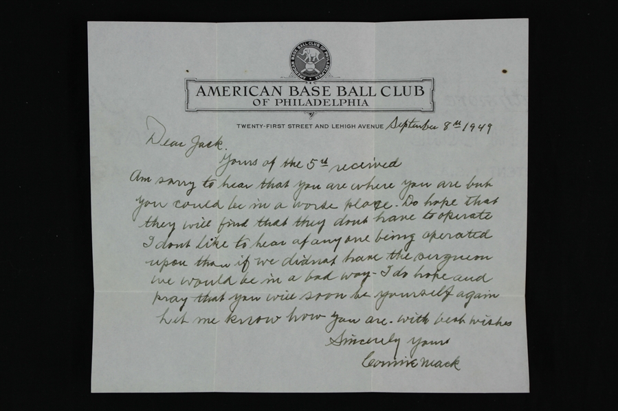 1949 Connie Mack Philadelphia Athletics Signed 7x9 Letter (JSA)