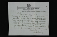 1949 Connie Mack Philadelphia Athletics Signed 7x9 Letter (JSA)