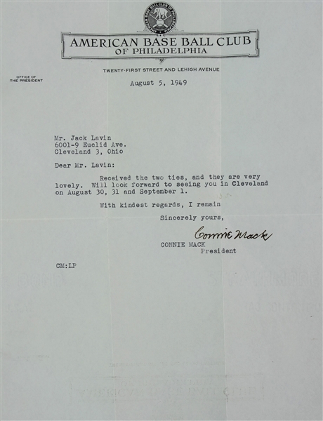 1949 Connie Mack Philadelphia Athletics Signed 8x11 Letter (JSA)