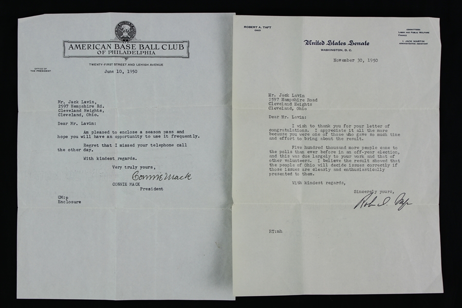 1930-1950 Connie Mack Philadelphia Athletics Signed Letter w/ U.S. Senator Robert A. Taft Signed Letter & more (Lot of 4) (JSA)