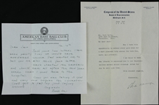 1930-1950 Connie Mack Philadelphia Athletics Signed Letter w/ U.S. Senator Robert A. Taft Signed Letter & more (Lot of 4) (JSA)