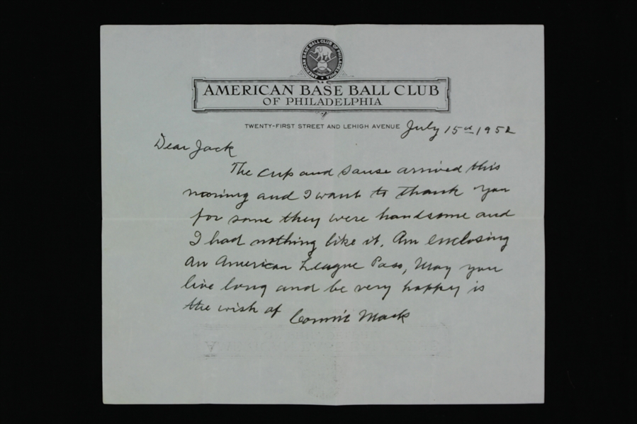 1952 Connie Mack Philadelphia Athletics Signed 7x9 Letter (JSA)