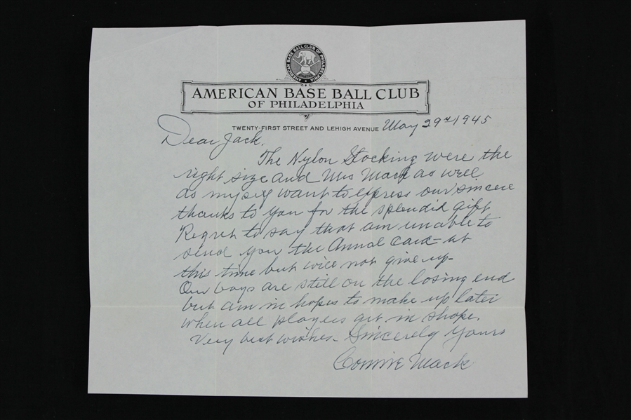 1945 Connie Mack Philadelphia Athletics Signed 7x9 Letter (JSA)