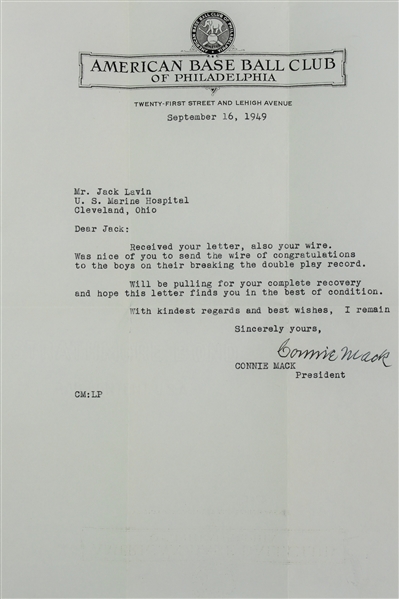 1949 Connie Mack Philadelphia Athletics Signed 8x11 Letter (JSA)