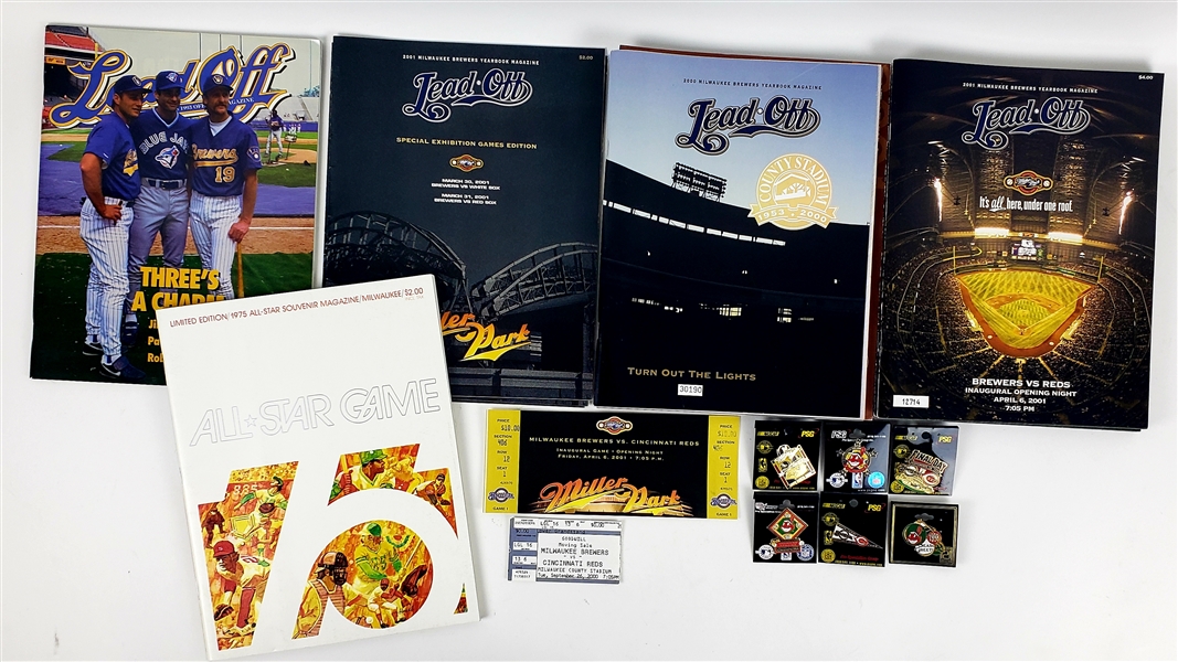 1970s-2000s Milwaukee Brewers Cleveland Indians Memorabilia Collection - Lot of 28 w/ Publications, Pennants, Pins & More
