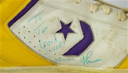 1987 Magic Johnson Los Angeles Lakers Signed Converse Game Worn Sneakers (MEARS LOA/JSA) NBA MVP and Finals MVP Season