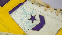 1987 Magic Johnson Los Angeles Lakers Signed Converse Game Worn Sneakers (MEARS LOA/JSA) NBA MVP and Finals MVP Season