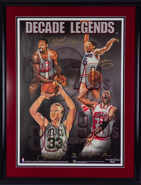 1999 Wilt Chamberlain Julius Erving Larry Bird Michael Jordan Signed 24" x 32" Framed Decade Legends Lithograph (Upper Deck Authentication/JSA) 1/200