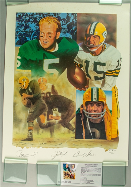 1991 Bart Starr Jim Taylor Paul Hornung Green Bay Packers Signed 21.5" x 28" Title Town Trio Lithograph (JSA) 356/500