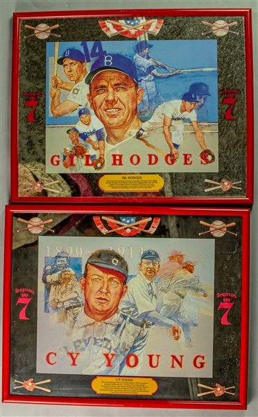 1980s Roberto Clemente Cy Young Gil Hodges 17" x 21" Framed Seagrams 7 Mirror Displays - Lot of 3