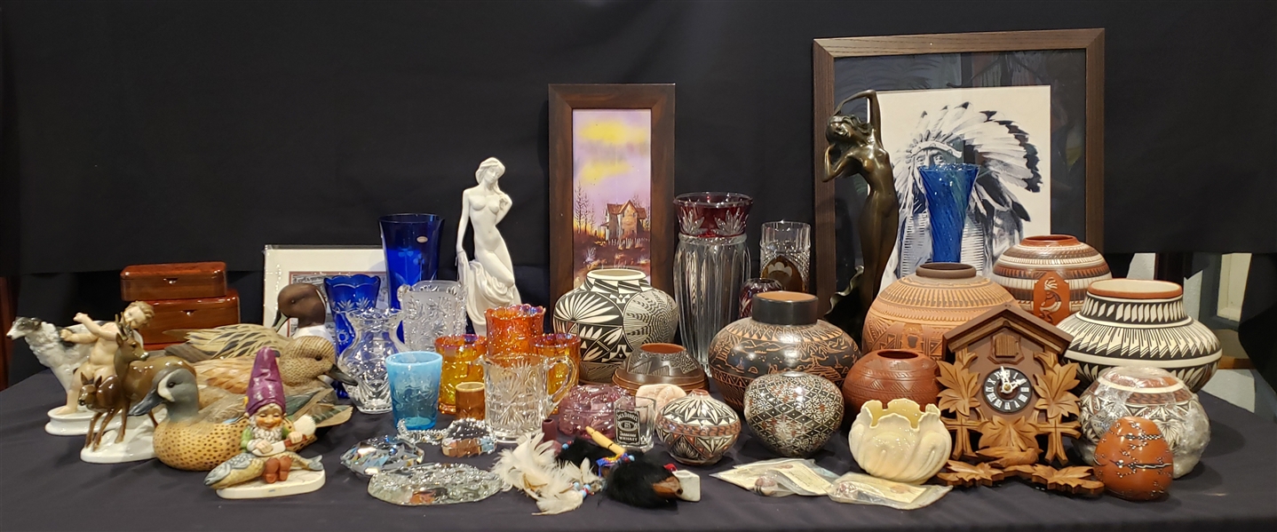 Native American Pottery, Prints, Glassware, Decoys, & more (Lot of 50+)