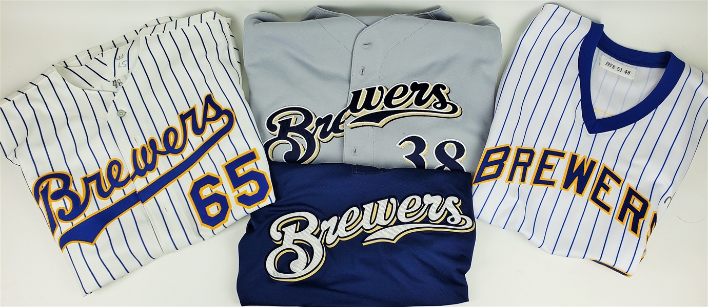 1990-2010 Milwaukee Brewers Jersey Collection - Lot of 4 w/ Luis Vizcaino Signed Throwback, Matt Wise, George Kottaras Signed Batting Practice & More (MEARS LOA)