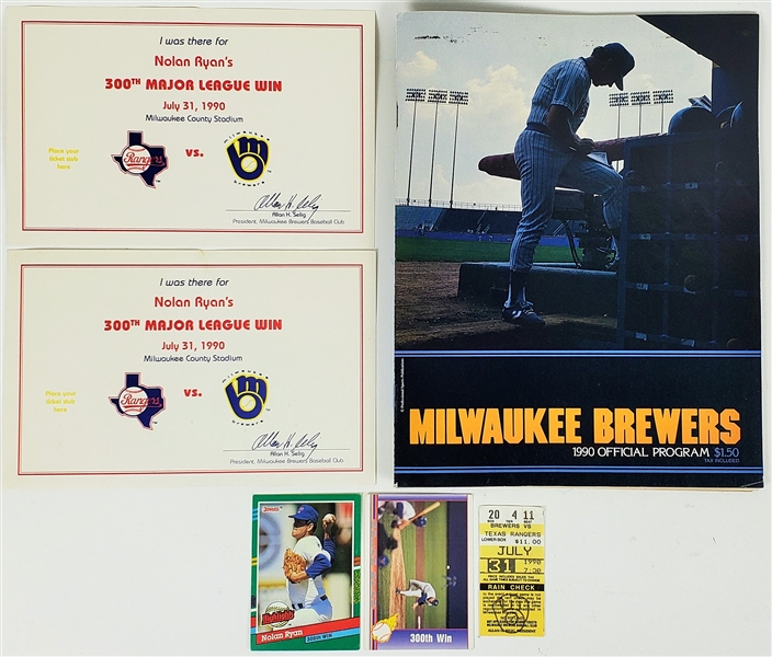 1990 Nolan Ryan Texas Rangers 300th Career Victory Memorabilia Collection - Lot of 6 w/ Scored Program, Ticket Stub, Attendance Certificates & Trading Cards