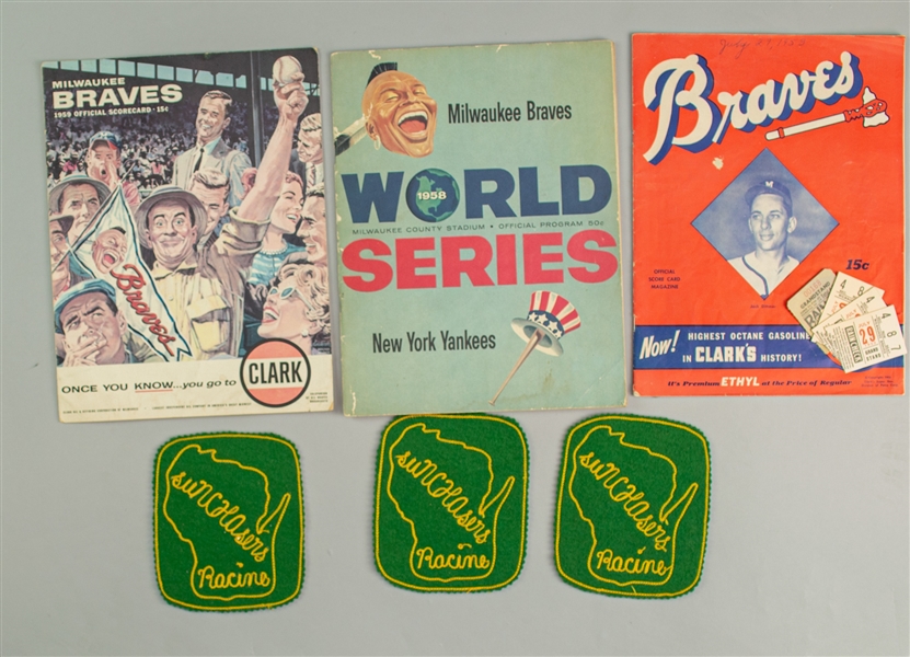 1953-59 Milwaukee Braves County Stadium Game Programs & Ticket Stubs - Lot of 6 w/ 1953 Inaugural Season, 1958 World Series & 1959 Harvey Haddix Near Perfect Game  + (3) Racine Sunchasers Felt Patches