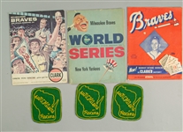1953-59 Milwaukee Braves County Stadium Game Programs & Ticket Stubs - Lot of 6 w/ 1953 Inaugural Season, 1958 World Series & 1959 Harvey Haddix Near Perfect Game  + (3) Racine Sunchasers Felt Patches