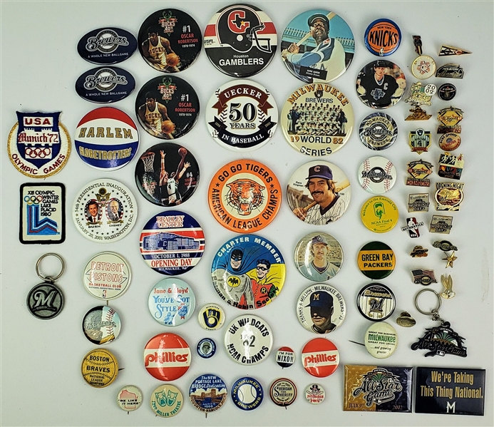 1970s-2000s Baseball, Basketball, Football & more Pinback Buttons (Lot of 40+)